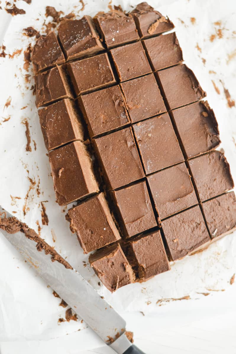 Slicing avocado fudge.
