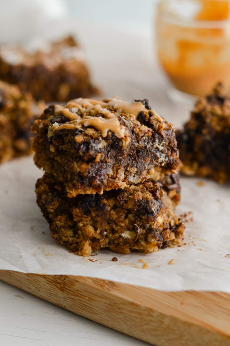 Stack of peanut butter banana oatmeal bars.