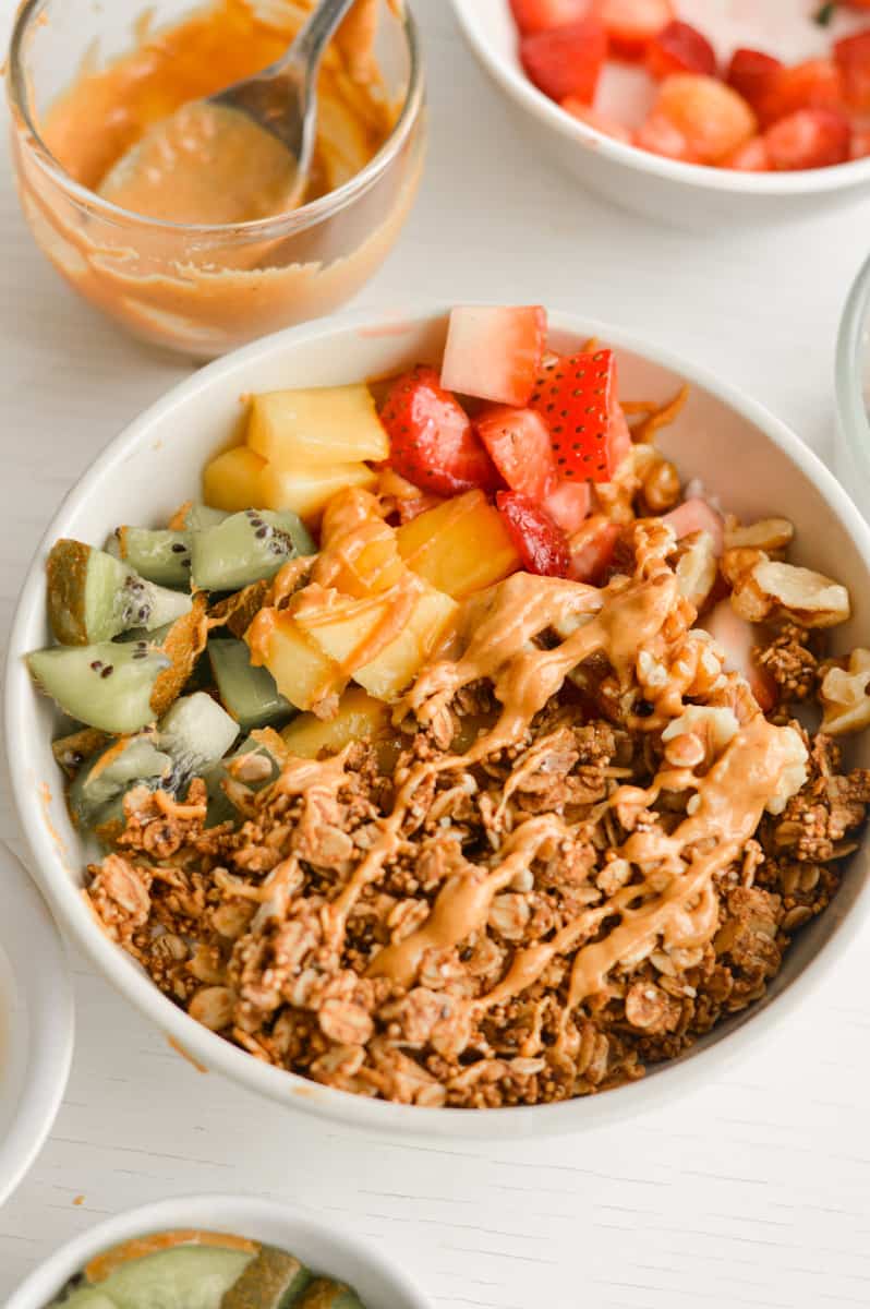 Blended cottage cheese bowl with fruit, granola and peanut butter.