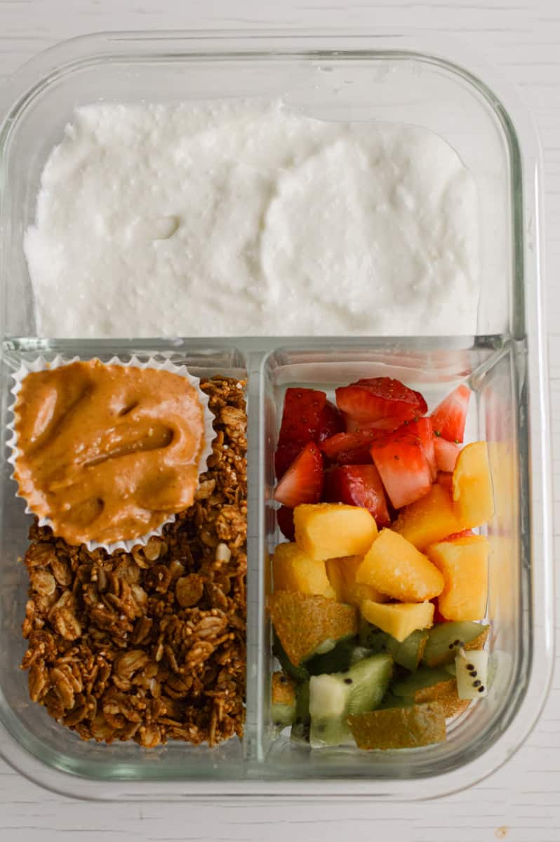 Sweet cottage cheese bowl in meal prep container.