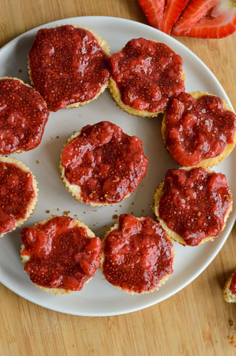 Birds eye of plate with mini protein cheesecakes.