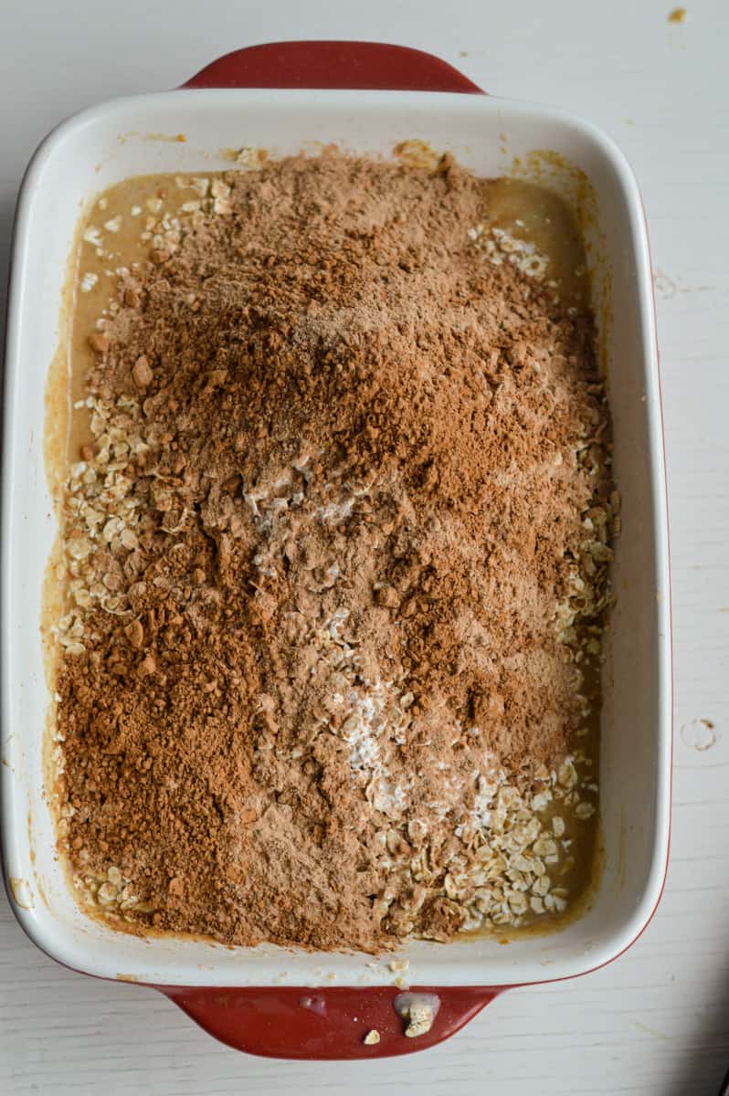 Mixing in oats, baking powder and cocoa powder.
