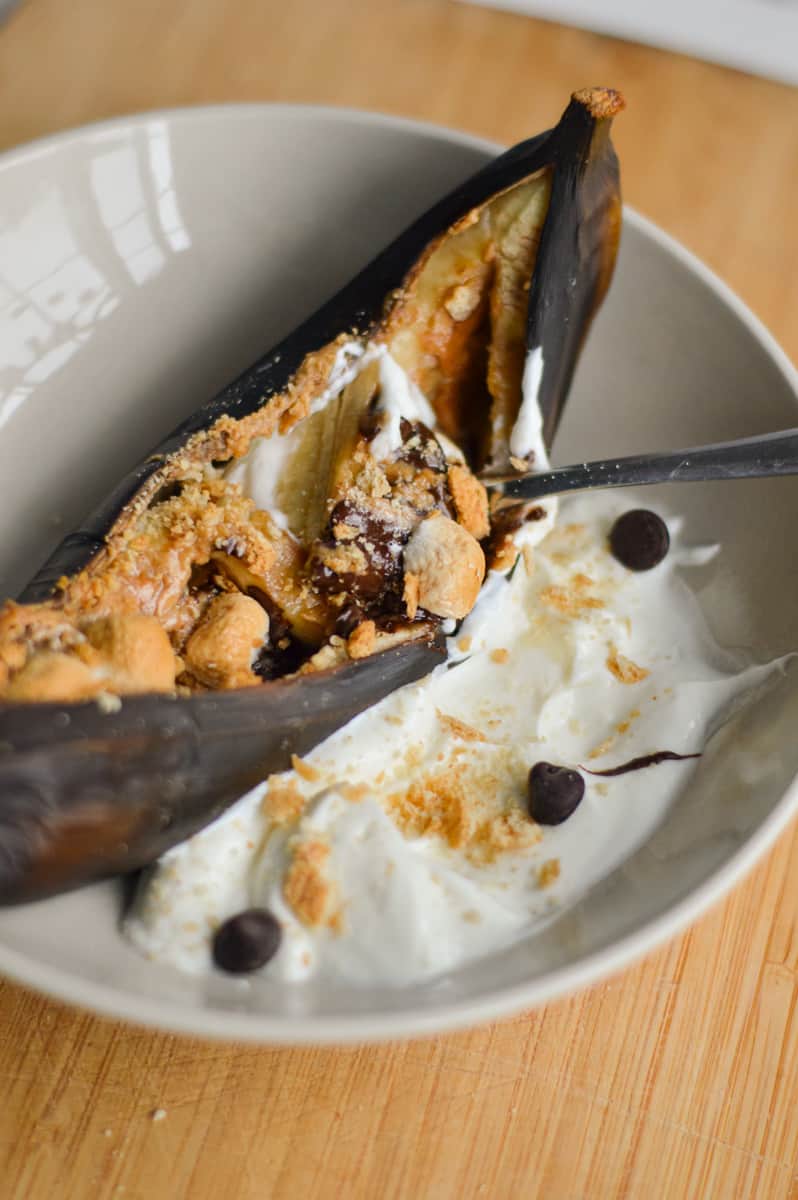 Air fried banana split in a bowl.