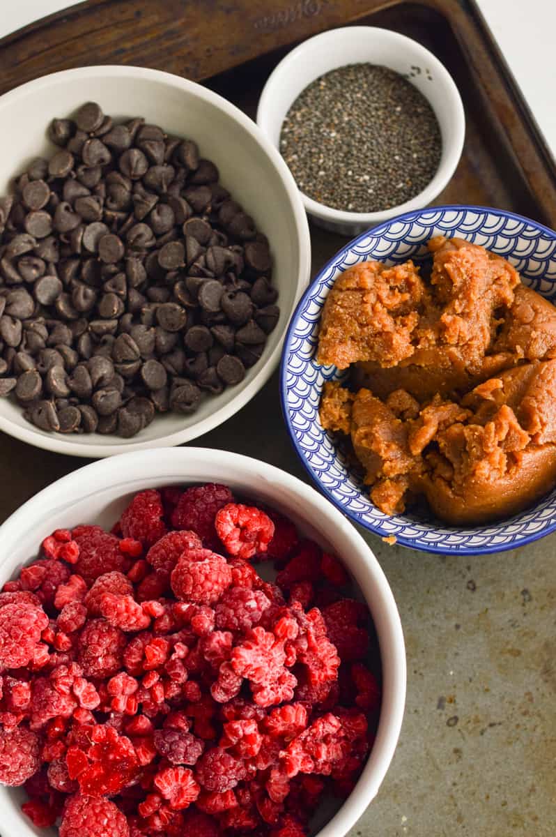 Ingredients for chocolate covered raspberry jam bites.