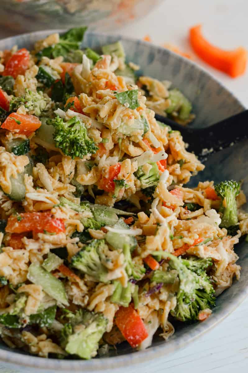 Close up of creamy ranch protein pasta salad in a bowl.