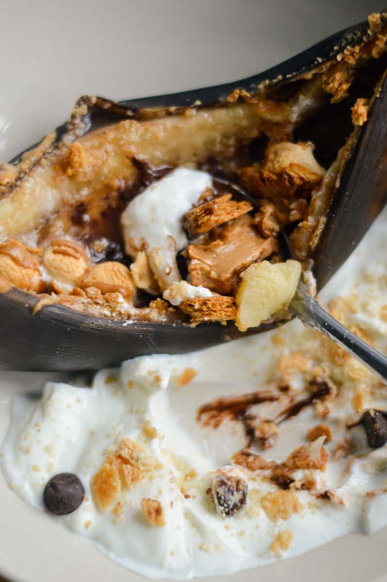 Serving air fried banana with yogurt.