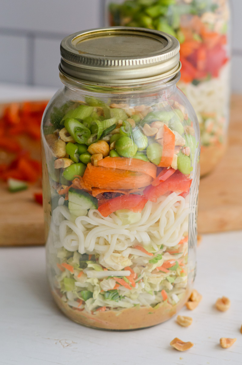 Jar of peanut noodle salad.