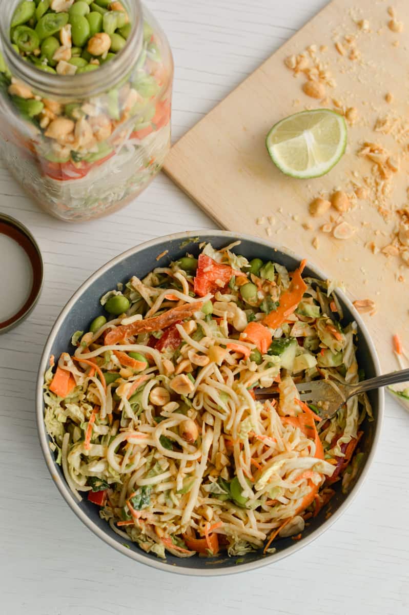 Peanut salad dumped into a bowl.