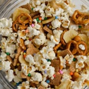 Birds eye of popcorn trailmix in a bowl.