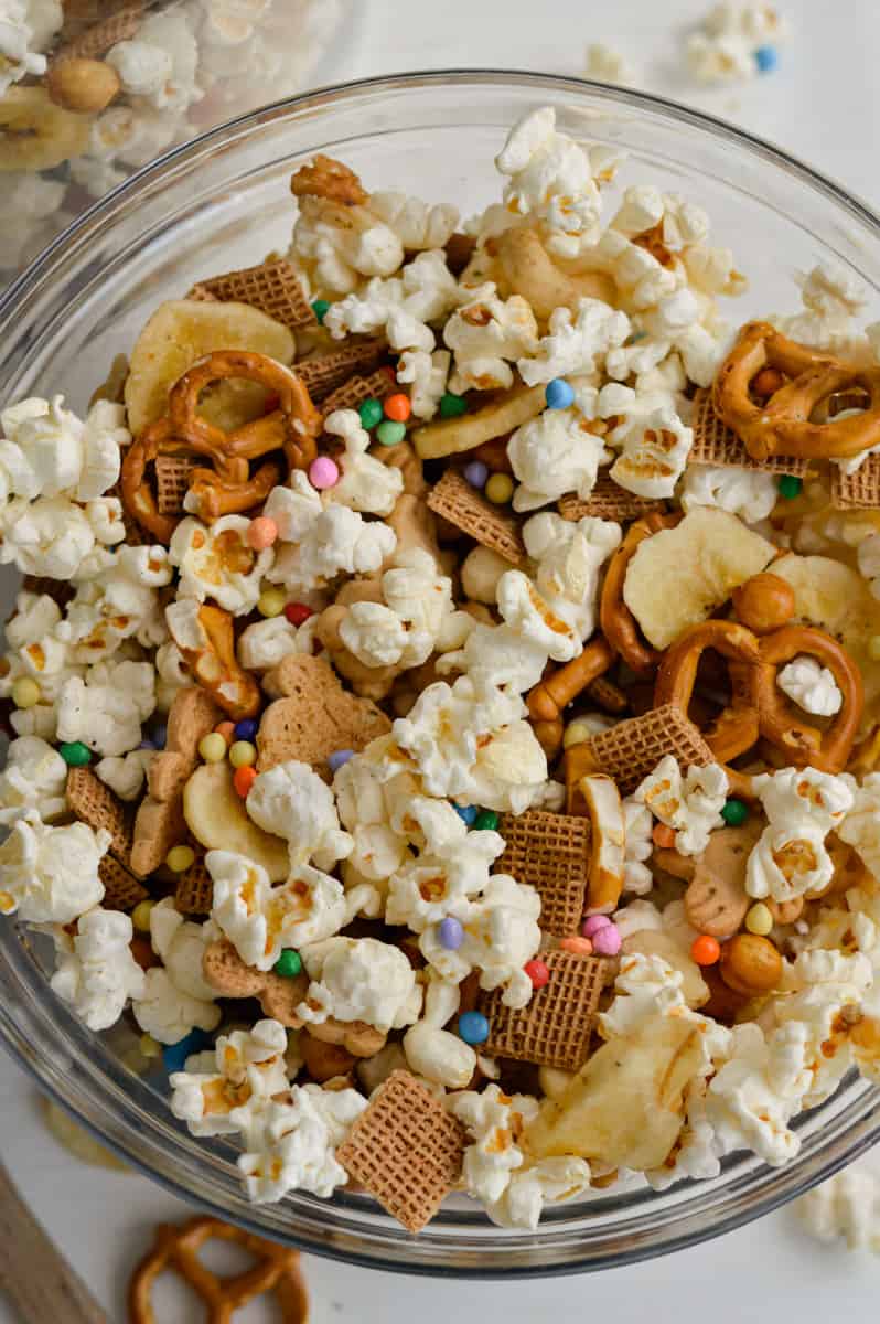 Birds eye of popcorn trailmix in a bowl.