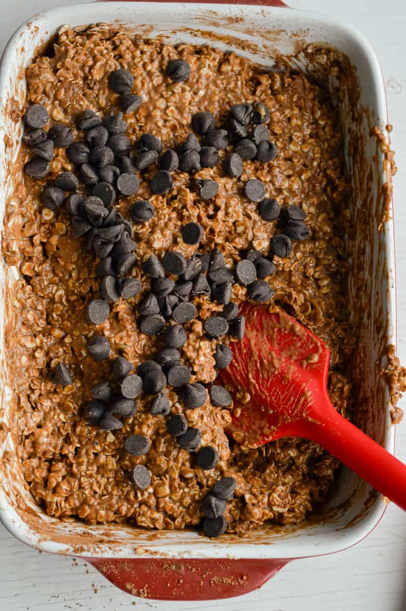 Stirring in chocolate chips.