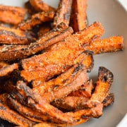 Close up of garlic parmesan air fryer sweet potato wedges.