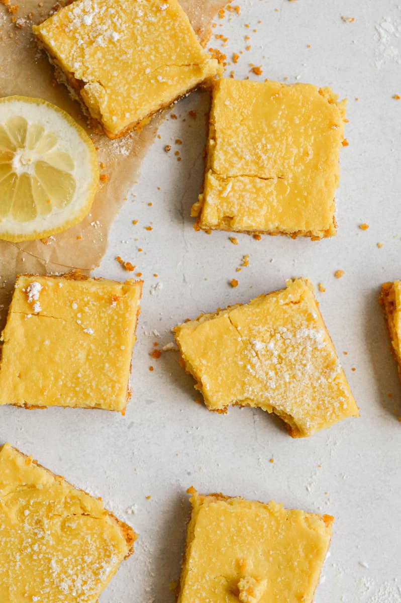 Birds eye view of lemon bars made with graham cracker crust.