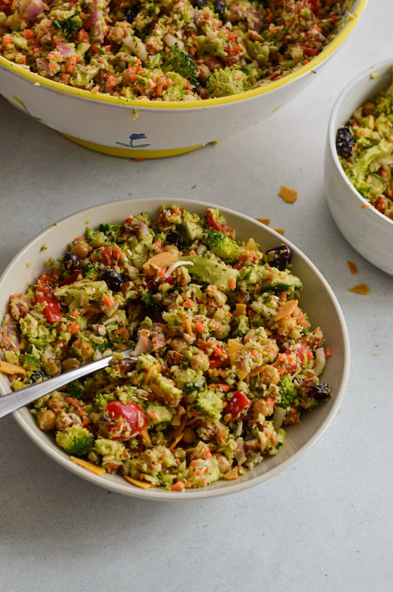 Serving a bowl of broccoli crunch salad.