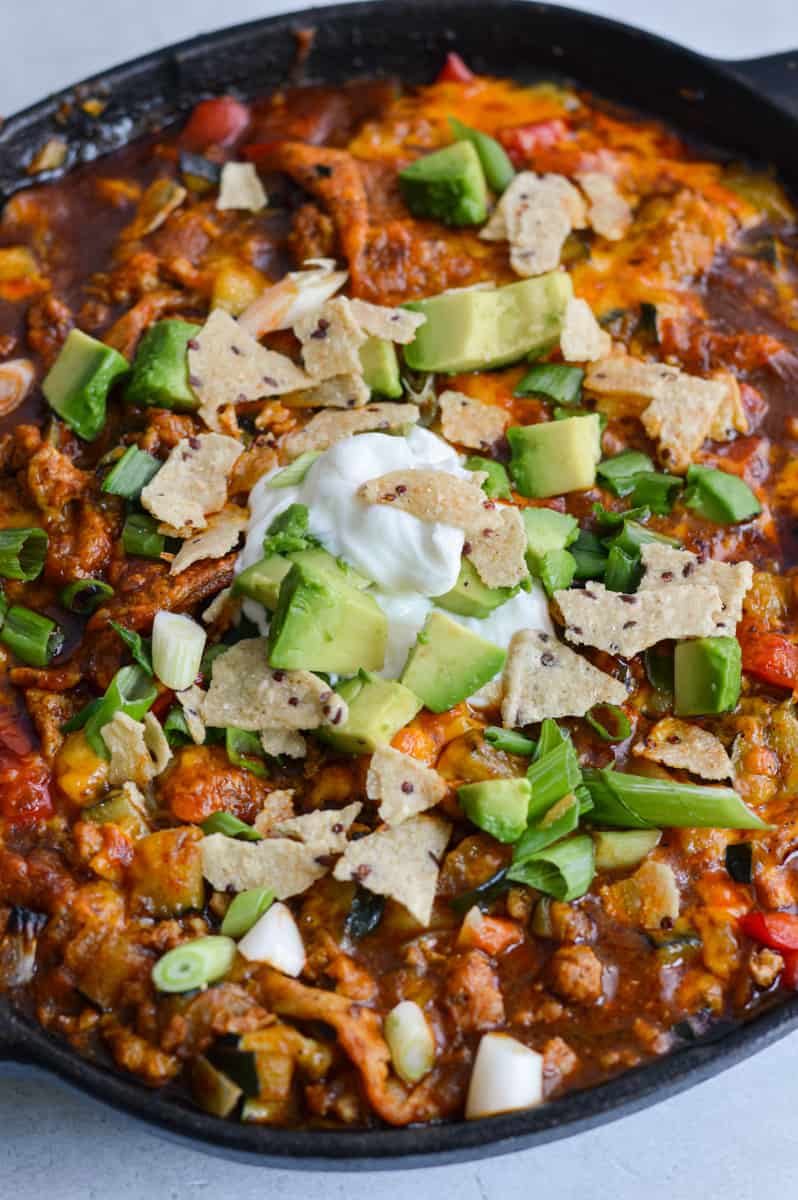 Close up of one pan lazy enchilada.