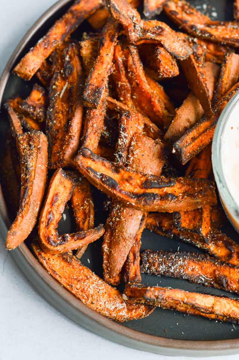 Plate of air fryer sweet potato wedges.
