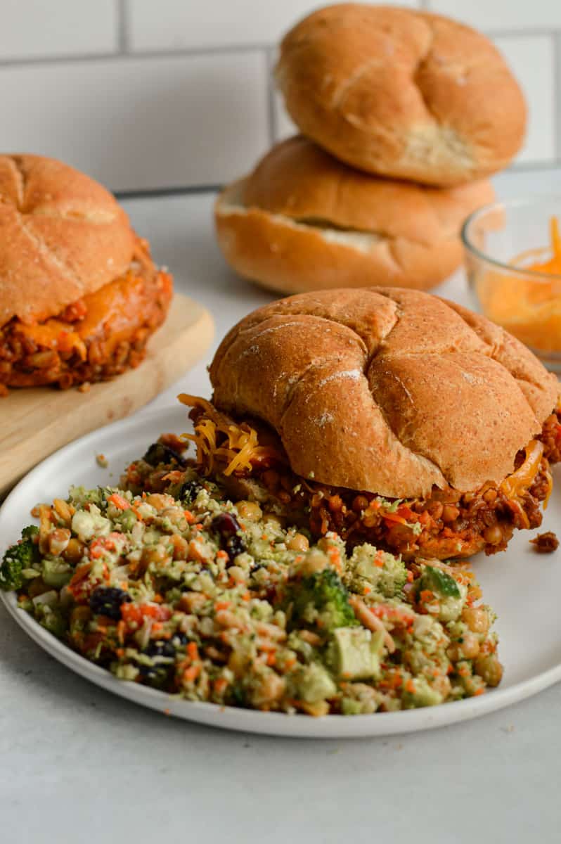 Serving vegan sloppy joes with salad.