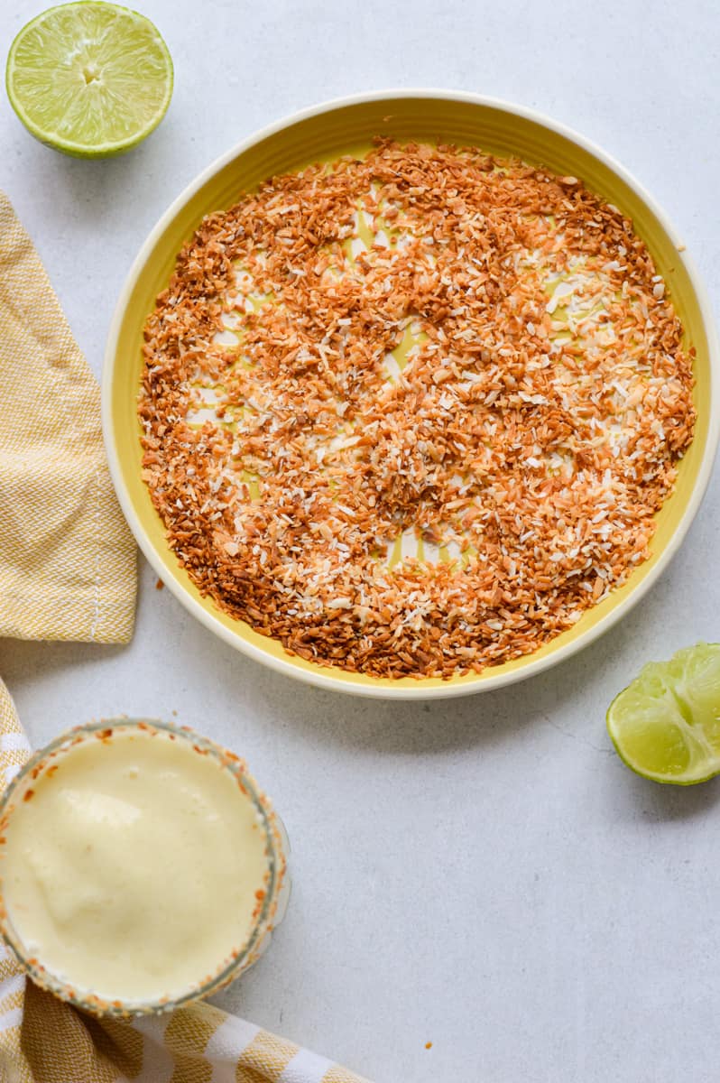Toasted coconut shreds on a plate.
