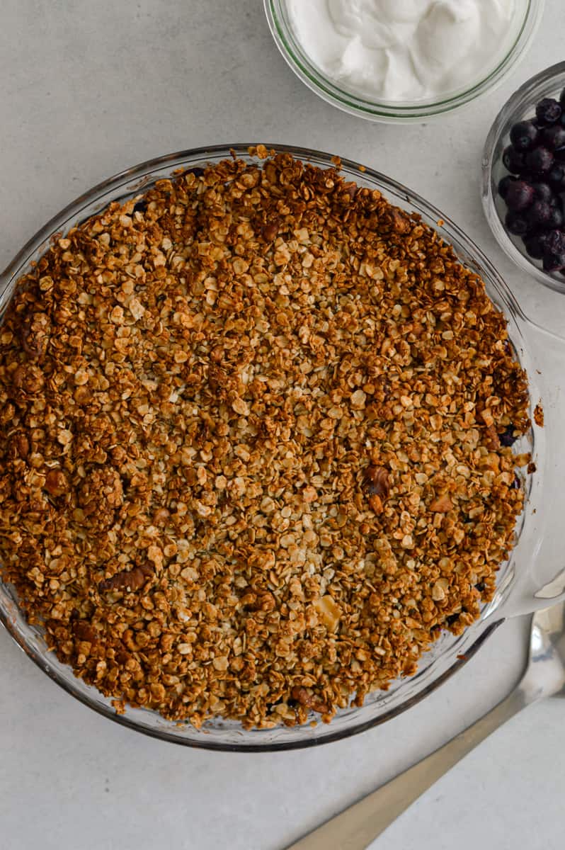 Blueberry crisp baked to golden brown.