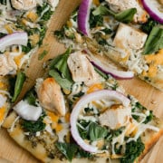 Slices of chicken pesto flatbread.