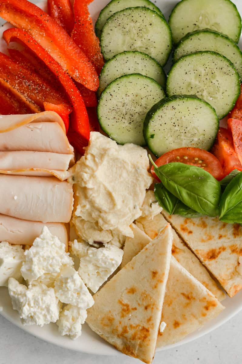 Close up of mediterranean snack plate.