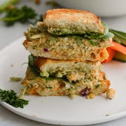 Cross section of vegan chickpea salad sandwich.
