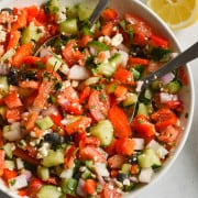 Bowl of mediterranean cucumber salad.