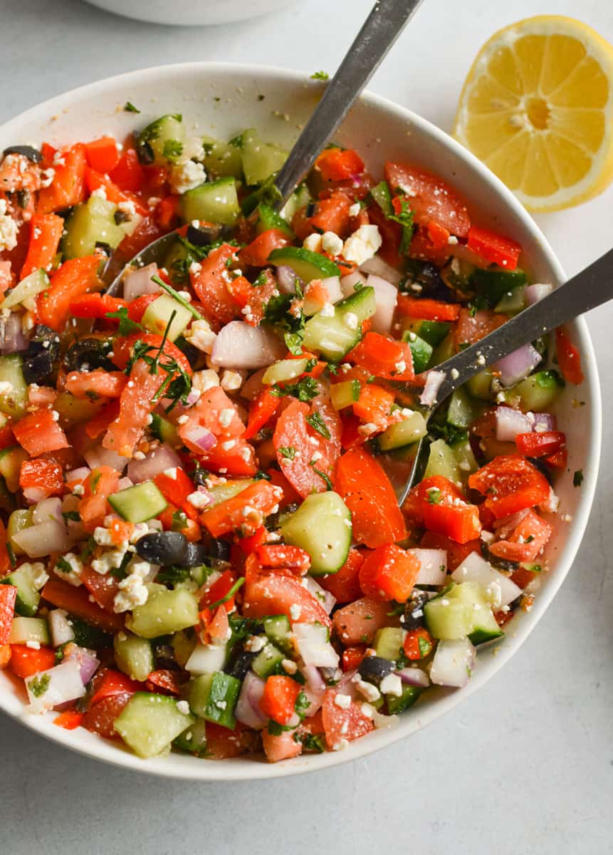 Bowl of mediterranean cucumber salad.