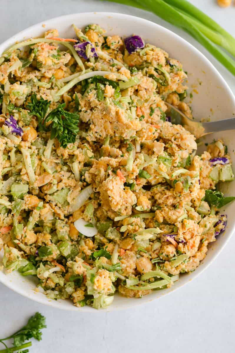 Mixing bowl of vegan chickpea salad.