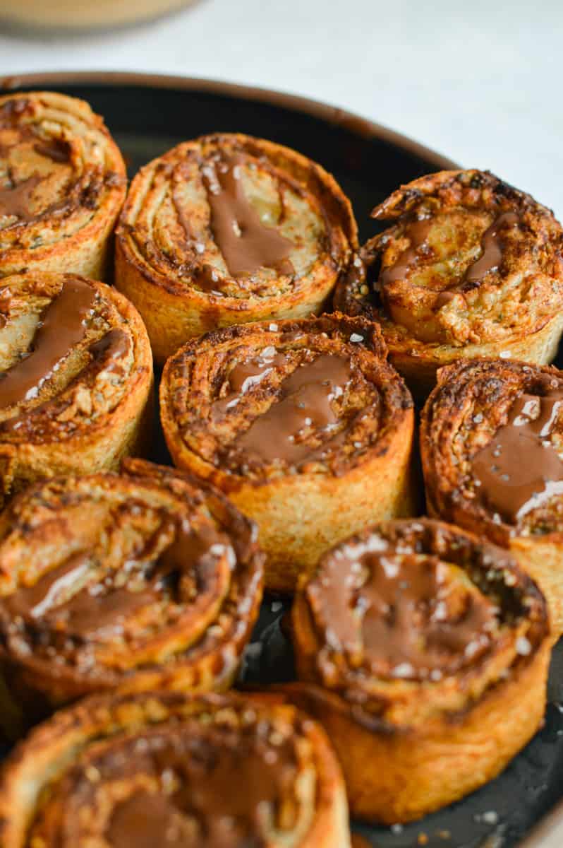 Close up of air fried peanut butter banana roll ups.