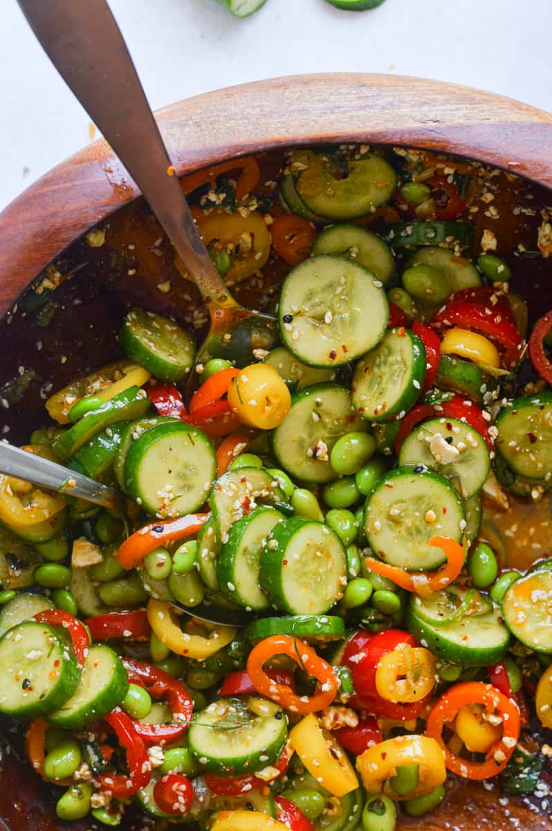 Close up of viral cucumber pepper salad.