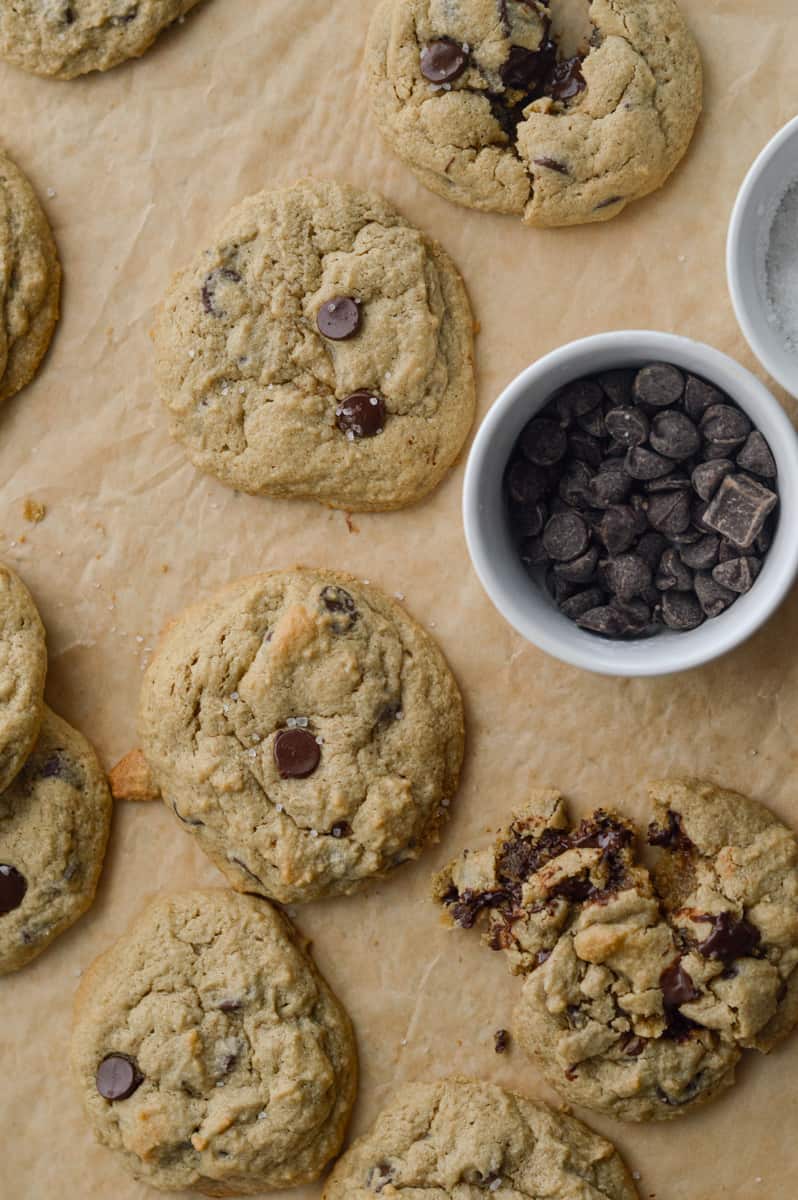 Birds eye of oat flour cookies and a bowl of chocolate chunks.
