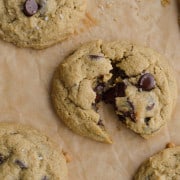 Chocolate chip oat flour cookie, broken in half.