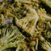 Close up of lemon parmesan smashed broccoli.