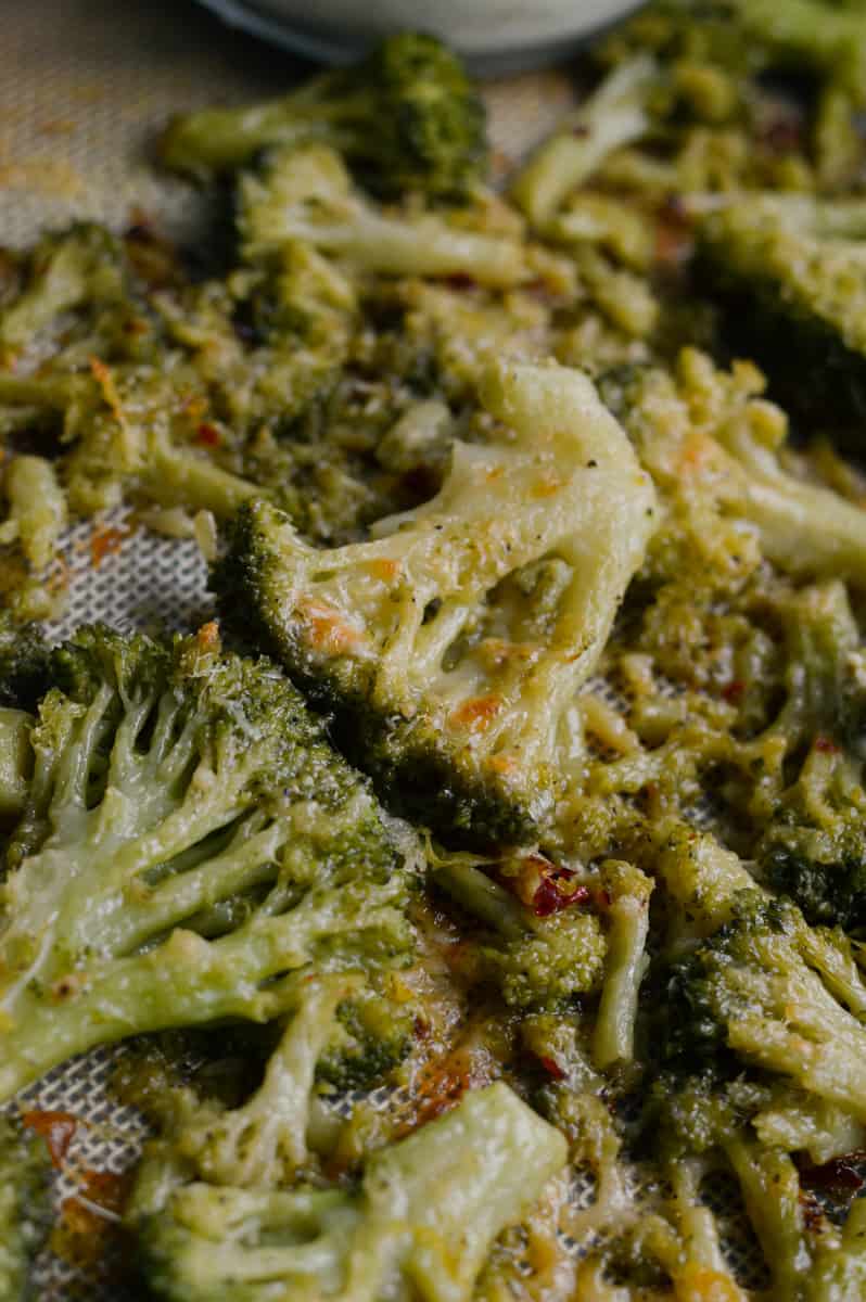 Close up of lemon parmesan smashed broccoli.