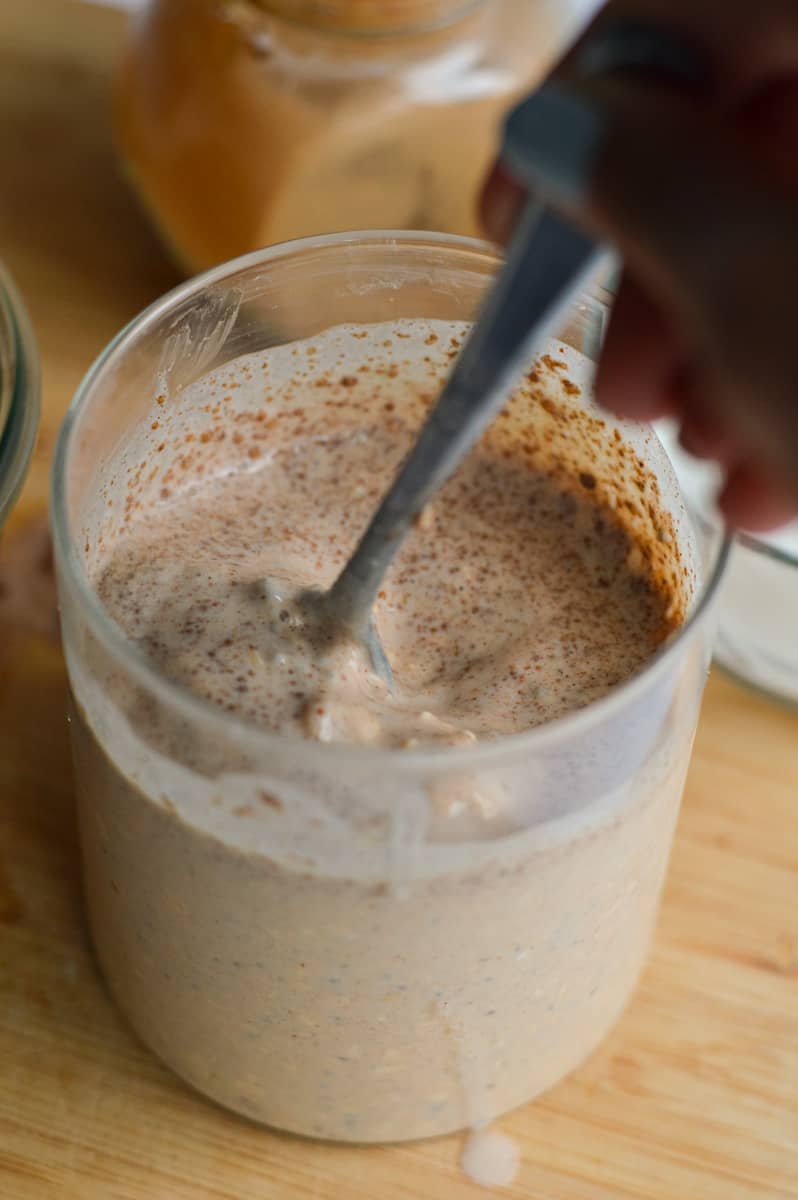 Mixing overnight oats.