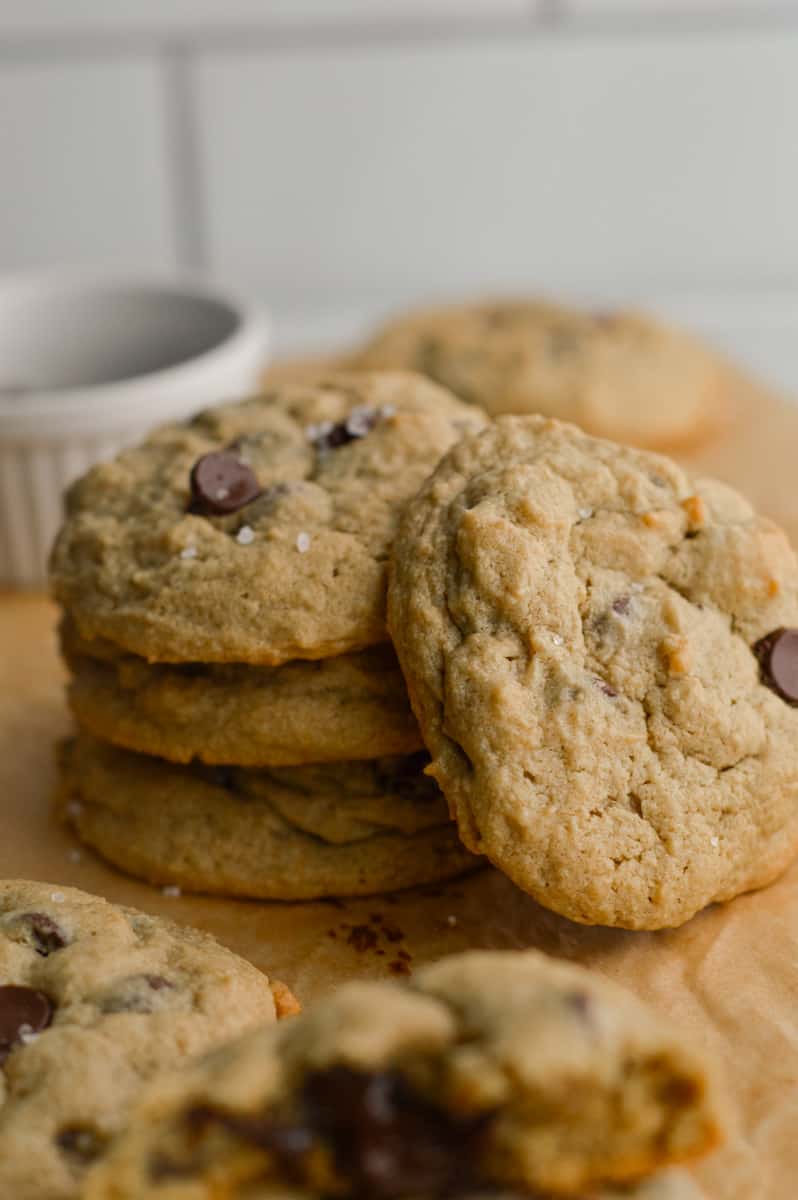 Pile of chocolate chip oat flour cookies.