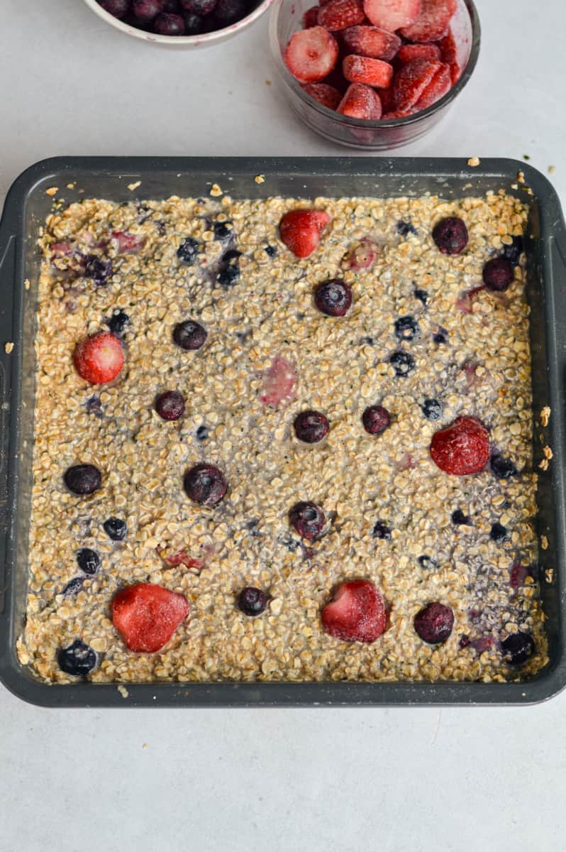 A pan of berry baked oats.