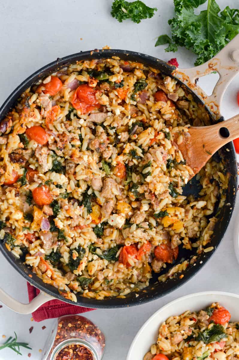 Birds eye of pan with butternut squash orzo.