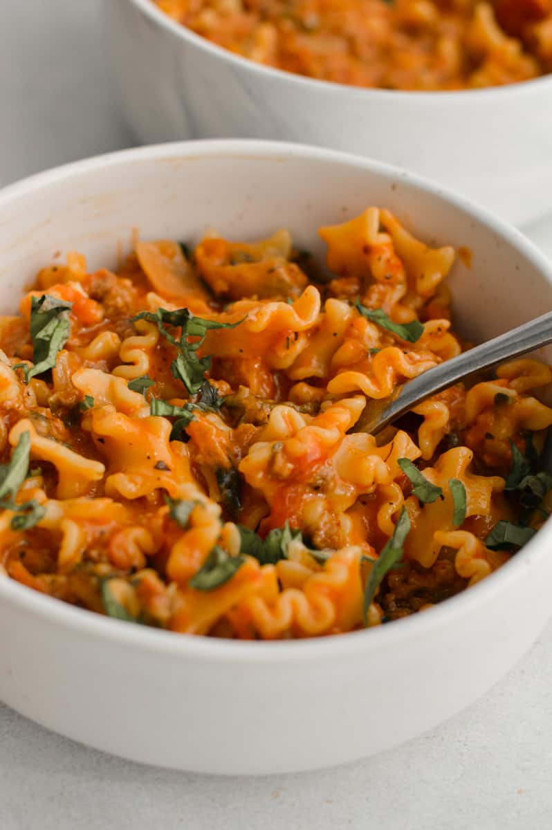 Bowl of hamburger helper lasagna.
