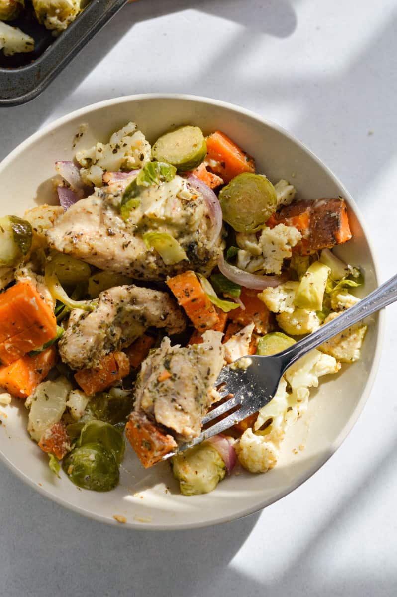 Bowl of baked chicken thighs and vegetables.