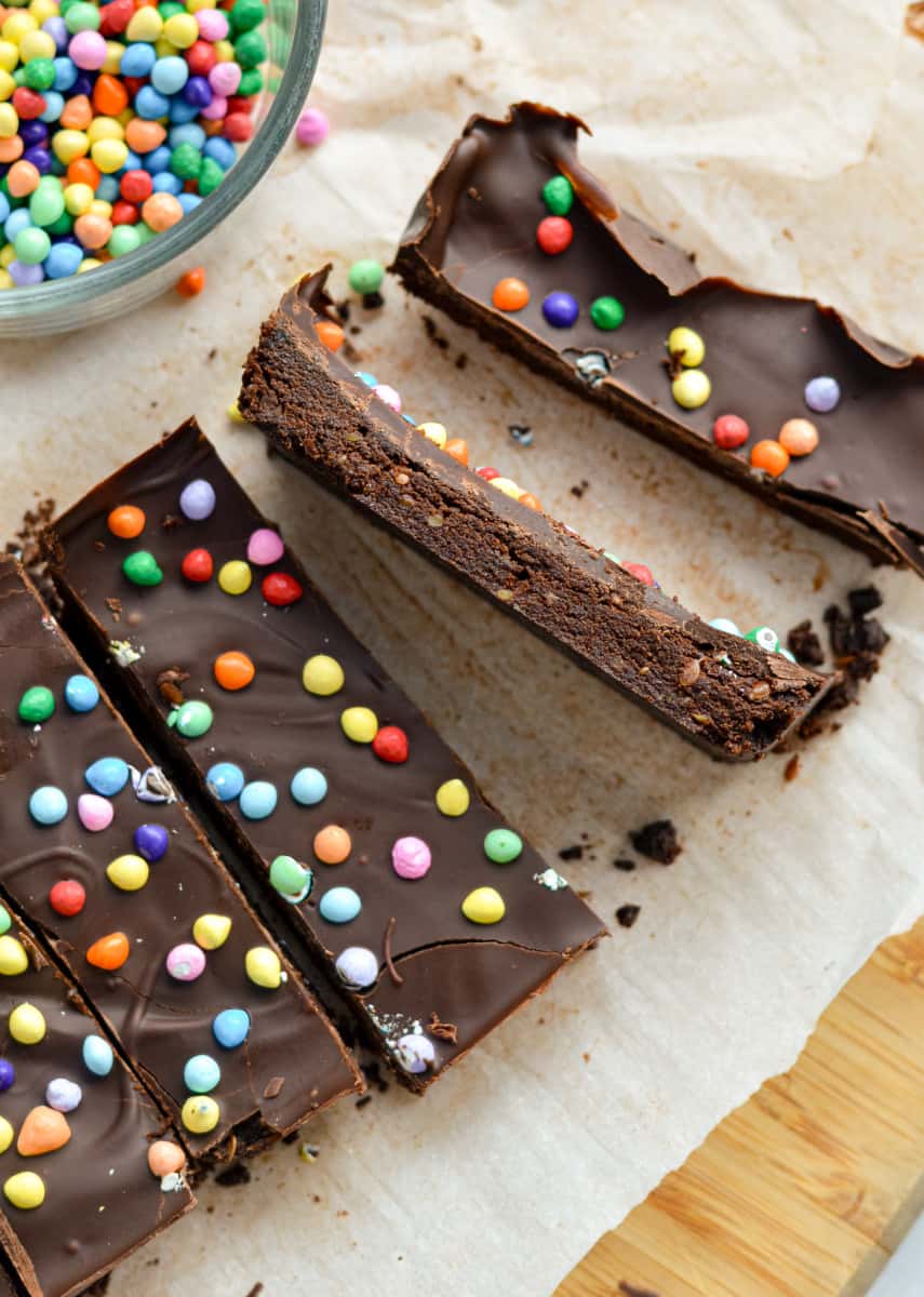 Brownie nut free protein bars with rainbow sprinkles.
