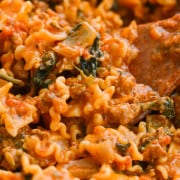 Close up of homemade hamburger helper lasagna.