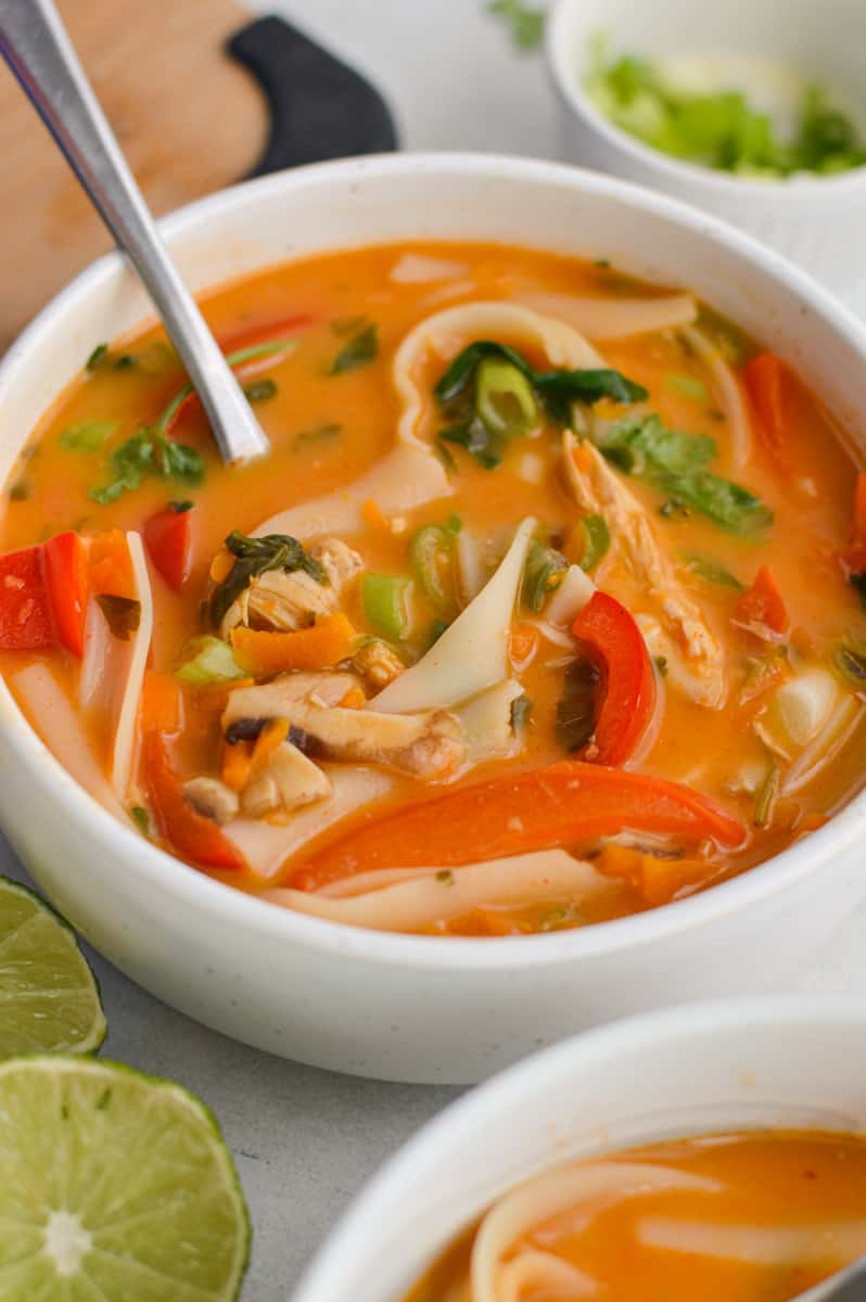 Panera Thai chicken soup served with lime.