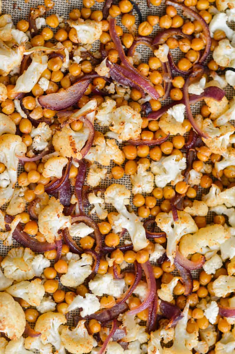 Cauliflower and chickpeas on a sheet pan.