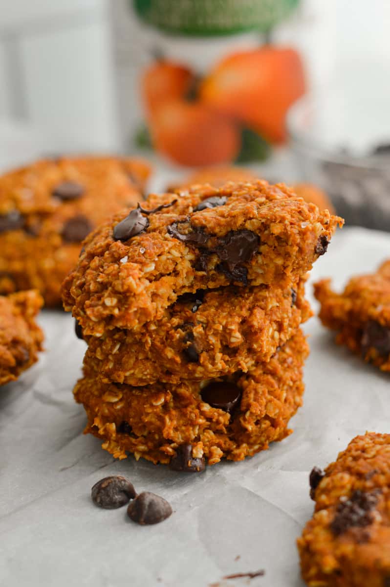Stack of three gluten free pumpkin oatmeal cookies.