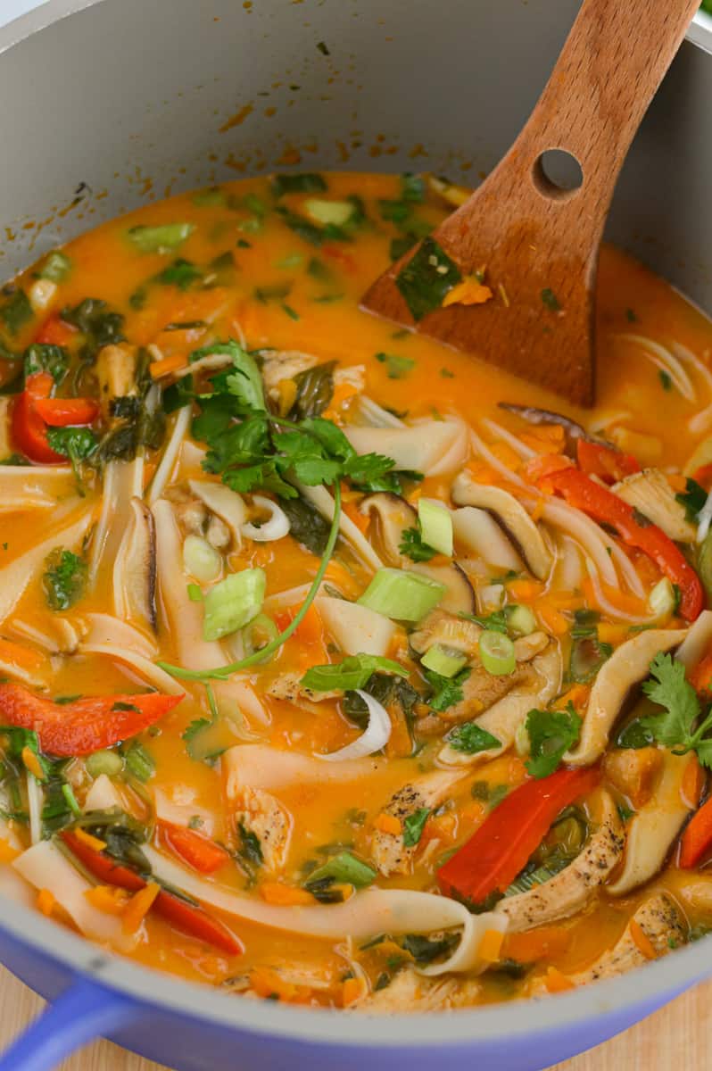 Stirring a pot of Panera thai chicken soup.