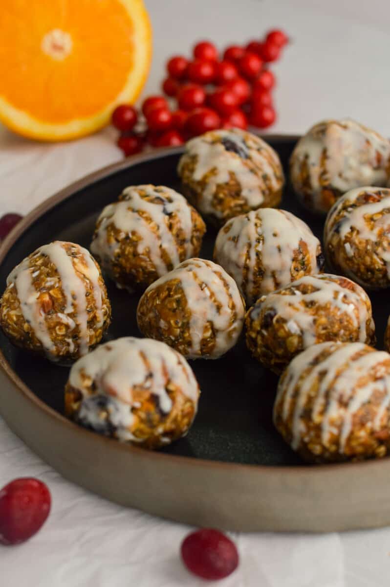 cranberry orange bliss balls on plate
