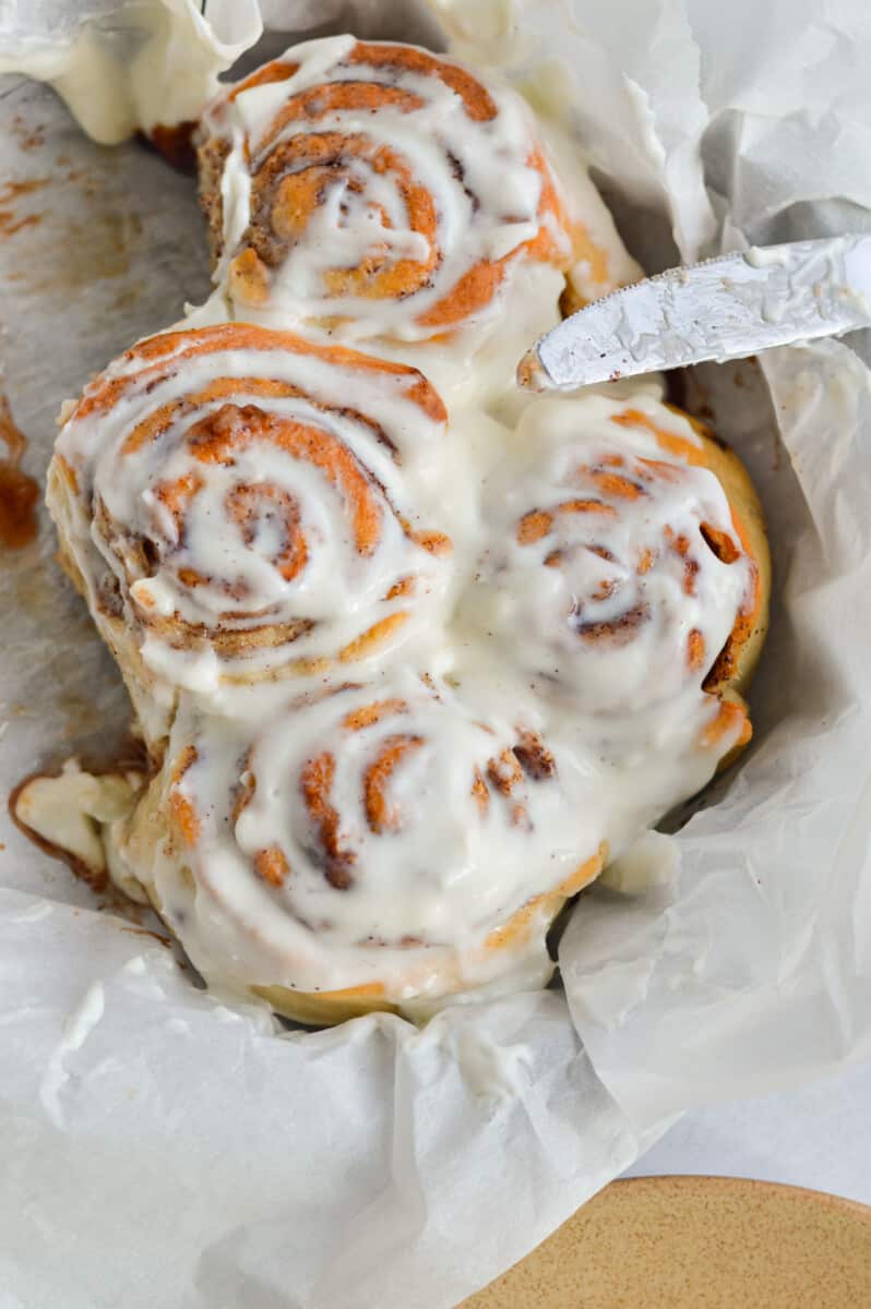 Greek yogurt cinnamon roll close up