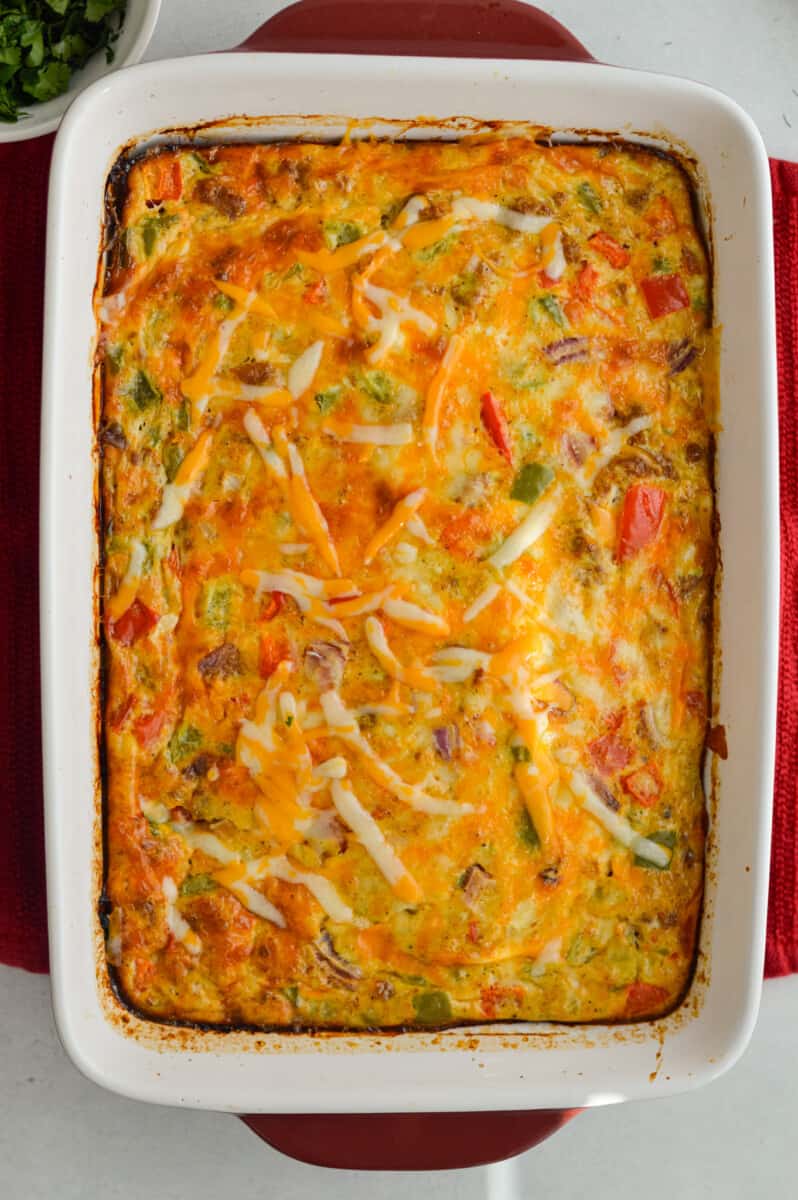 Birds eye of baked egg breakfast casserole.